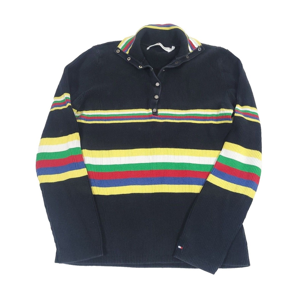 Y2K Ribbed rugby Knit Henley Sweater Tommy Hilfiger XL Snap Buttons vtg striped